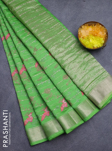 Assam silk saree light green with allover zari weaves & embroidery work buttas and zari woven border