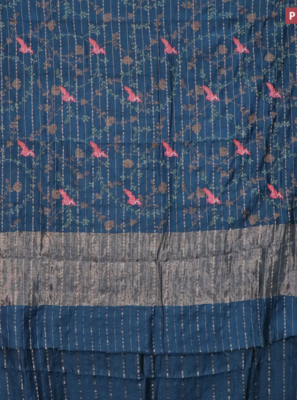 Assam silk saree peacock blue with allover zari weaves & embroidery work buttas and zari woven border