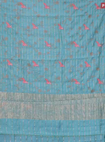 Assam silk saree teal blue with allover zari weaves & embroidery work buttas and zari woven border