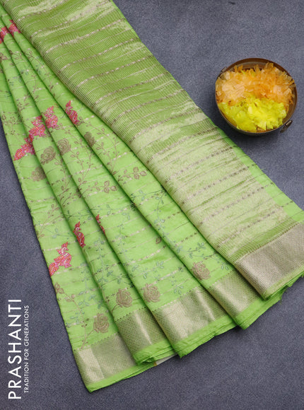 Assam silk saree fluorescent green with allover zari weaves & embroidery work buttas and zari woven border