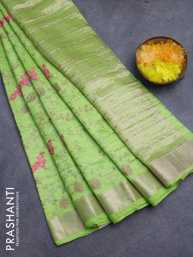 Assam silk saree fluorescent green with allover zari weaves & embroidery work buttas and zari woven border