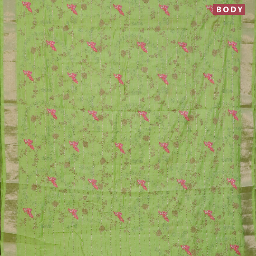 Assam silk saree fluorescent green with allover zari weaves & embroidery work buttas and zari woven border