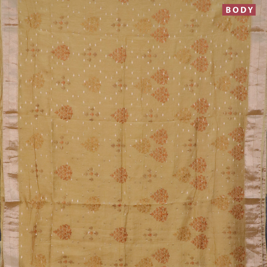 Assam silk saree khaki shade with allover embroidery work & zari buttas and zari woven border