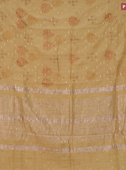 Assam silk saree khaki shade with allover embroidery work & zari buttas and zari woven border