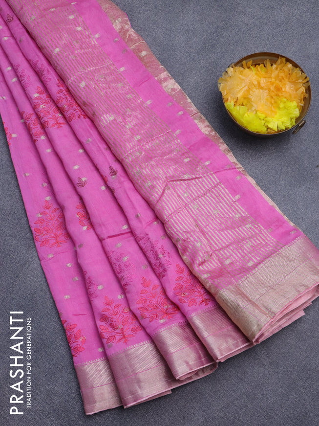 Assam silk saree pink and peach shade with allover embroidery work & zari buttas and zari woven border