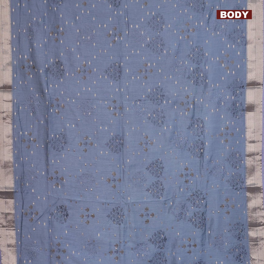 Assam silk saree grey with allover embroidery work & zari buttas and zari woven border