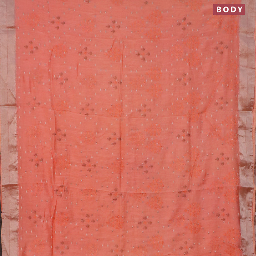 Assam silk saree peach orange with allover embroidery work & zari buttas and zari woven border