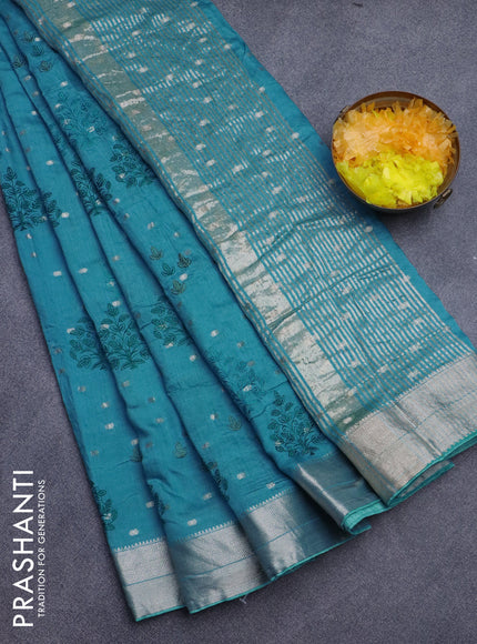 Assam silk saree blue shade with allover embroidery work & zari buttas and zari woven border