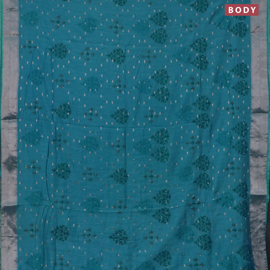 Assam silk saree blue shade with allover embroidery work & zari buttas and zari woven border