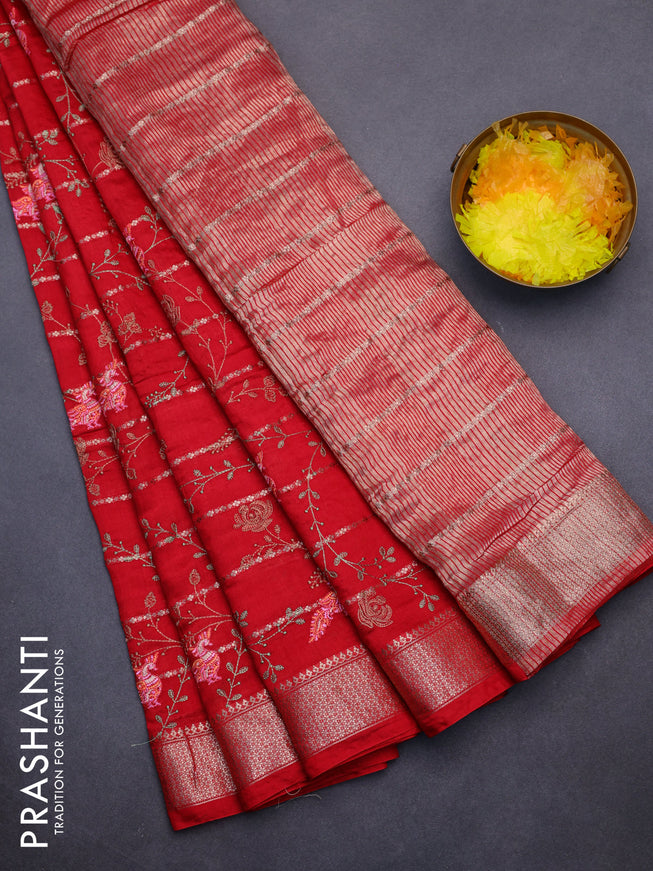 Assam silk saree red with allover zari weaves & embroidery work buttas and zari woven border