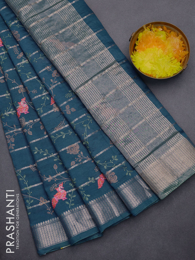 Assam silk saree peacock blue with allover zari weaves & embroidery work buttas and zari woven border