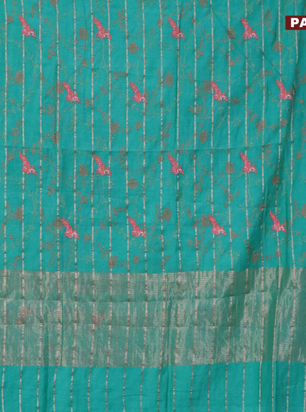 Assam silk saree teal blue with allover zari weaves & embroidery work buttas and zari woven border