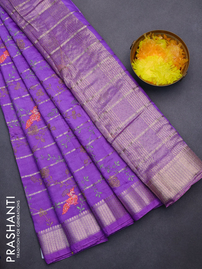 Assam silk saree lavender shade with allover zari weaves & embroidery work buttas and zari woven border