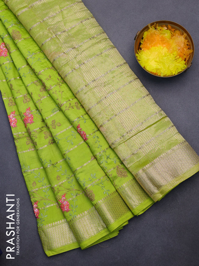 Assam silk saree light green with allover zari weaves & embroidery work buttas and zari woven border