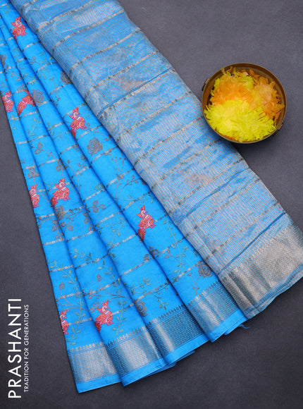 Assam silk saree blue with allover zari weaves & embroidery work buttas and zari woven border