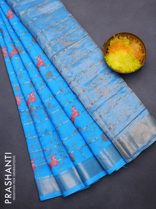 Assam silk saree blue with allover zari weaves & embroidery work buttas and zari woven border