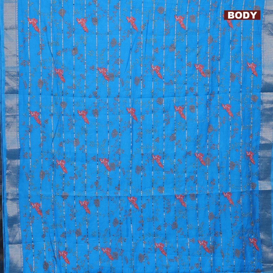 Assam silk saree blue with allover zari weaves & embroidery work buttas and zari woven border