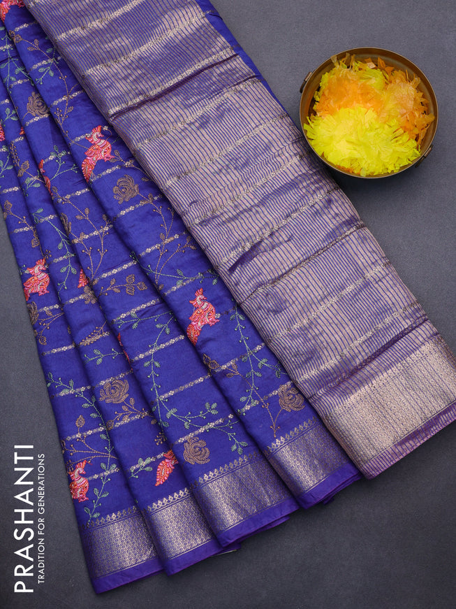 Assam silk saree dark blue with allover zari weaves & embroidery work buttas and zari woven border