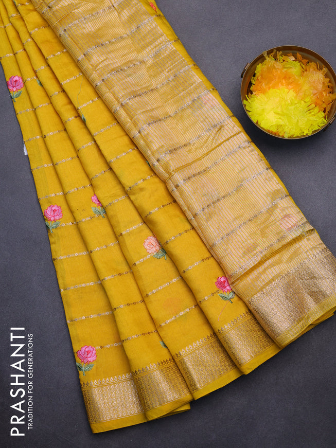 Assam silk saree yellow with allover zari weaves & embroidery work buttas and zari woven border