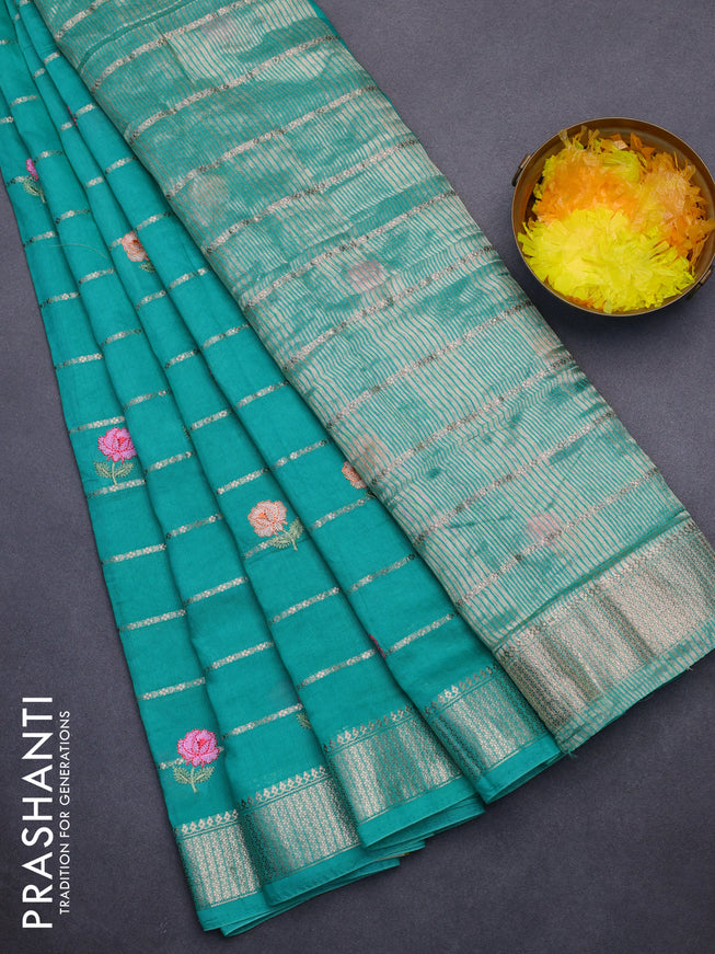 Assam silk saree teal green shade with allover zari weaves & embroidery work buttas and zari woven border