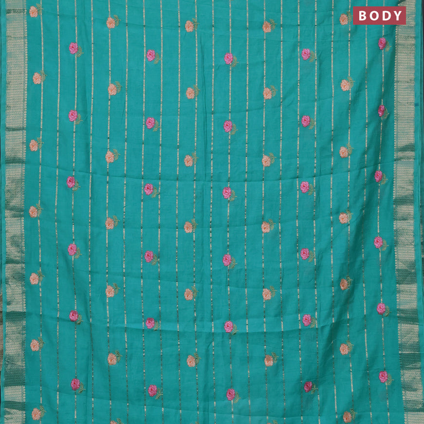 Assam silk saree teal green shade with allover zari weaves & embroidery work buttas and zari woven border