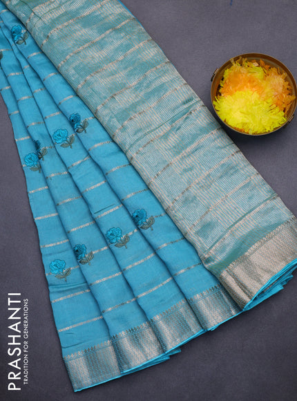 Assam silk saree teal blue with allover zari weaves & embroidery work buttas and zari woven border