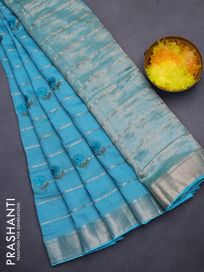 Assam silk saree teal blue with allover zari weaves & embroidery work buttas and zari woven border