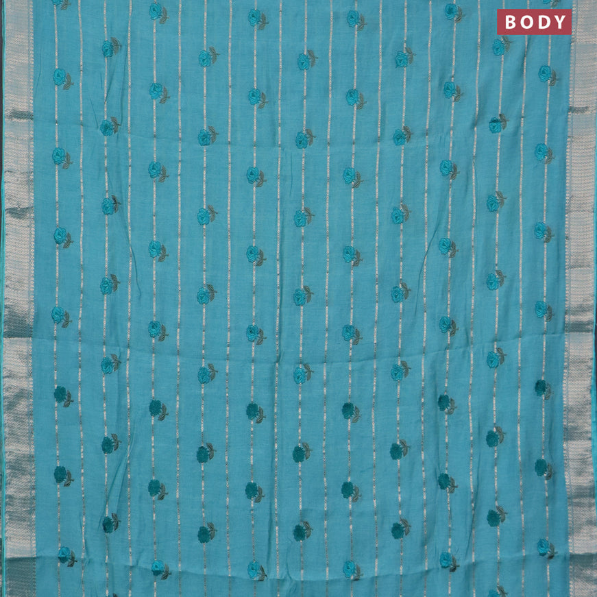 Assam silk saree teal blue with allover zari weaves & embroidery work buttas and zari woven border