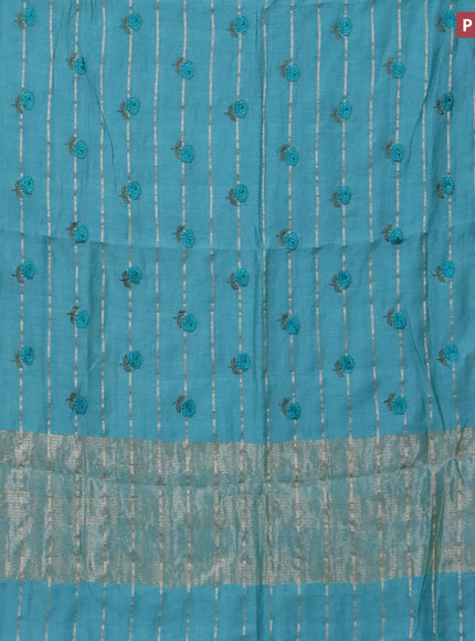 Assam silk saree teal blue with allover zari weaves & embroidery work buttas and zari woven border