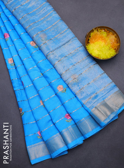 Assam silk saree light blue with allover zari weaves & embroidery work buttas and zari woven border