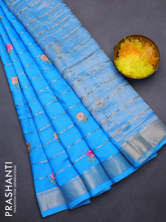 Assam silk saree light blue with allover zari weaves & embroidery work buttas and zari woven border