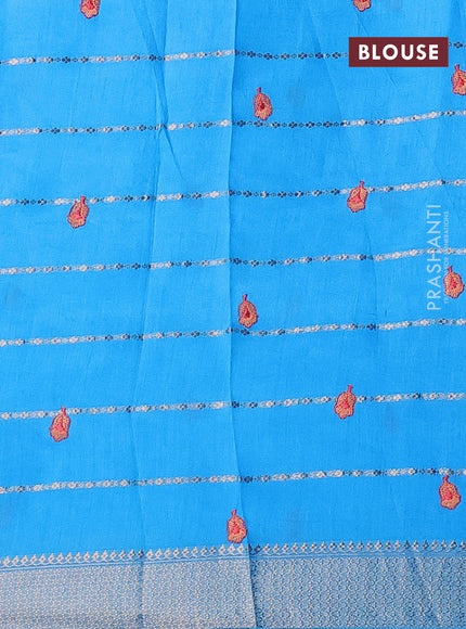 Assam silk saree light blue with allover zari weaves & embroidery work buttas and zari woven border