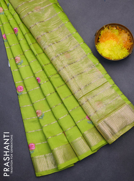 Assam silk saree light green with allover zari weaves & embroidery work buttas and zari woven border