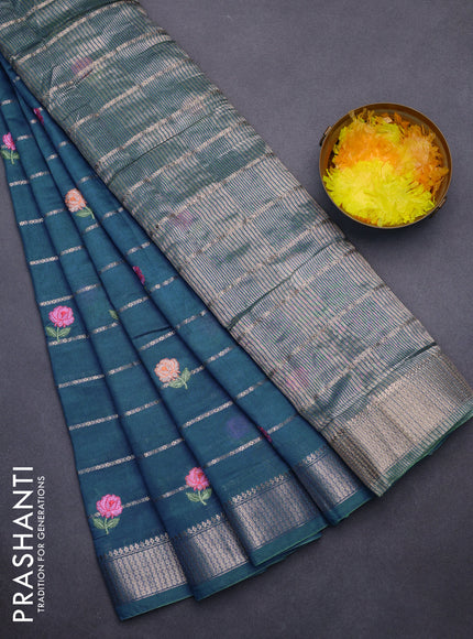 Assam silk saree peacock blue with allover zari weaves & embroidery work buttas and zari woven border