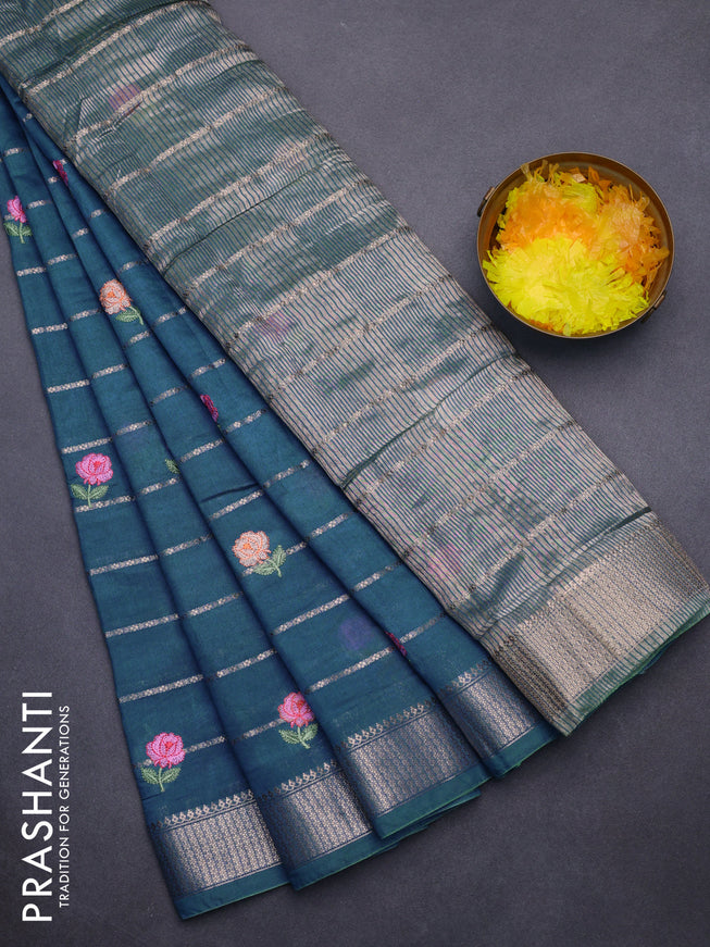 Assam silk saree peacock blue with allover zari weaves & embroidery work buttas and zari woven border