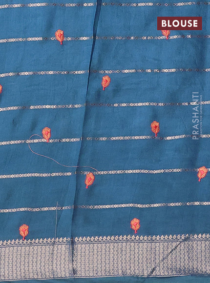 Assam silk saree peacock blue with allover zari weaves & embroidery work buttas and zari woven border