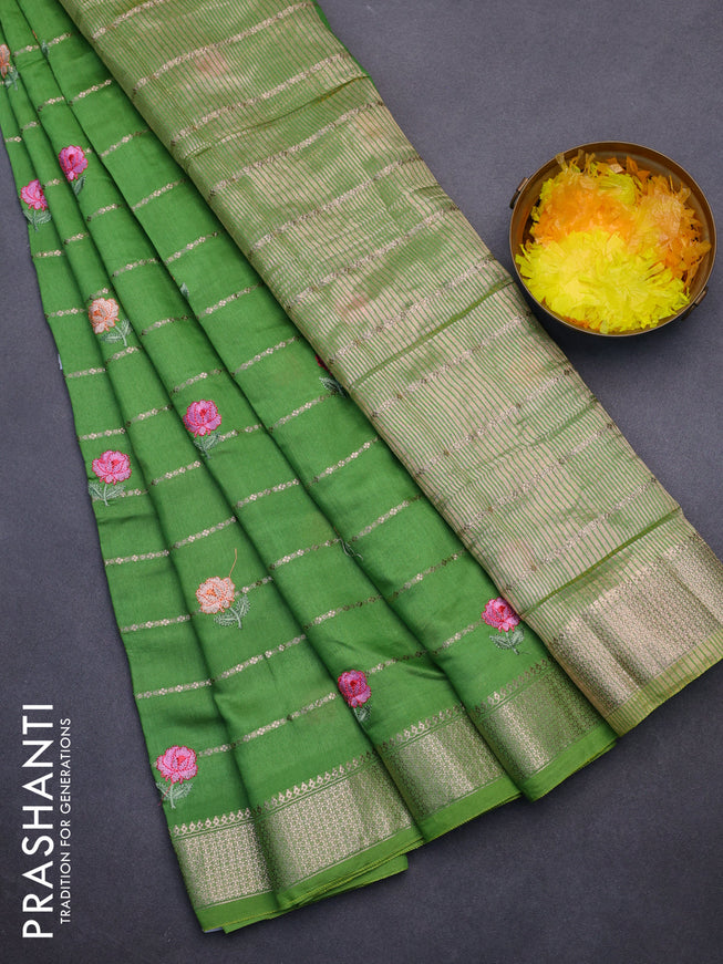 Assam silk saree green with allover zari weaves & embroidery work buttas and zari woven border