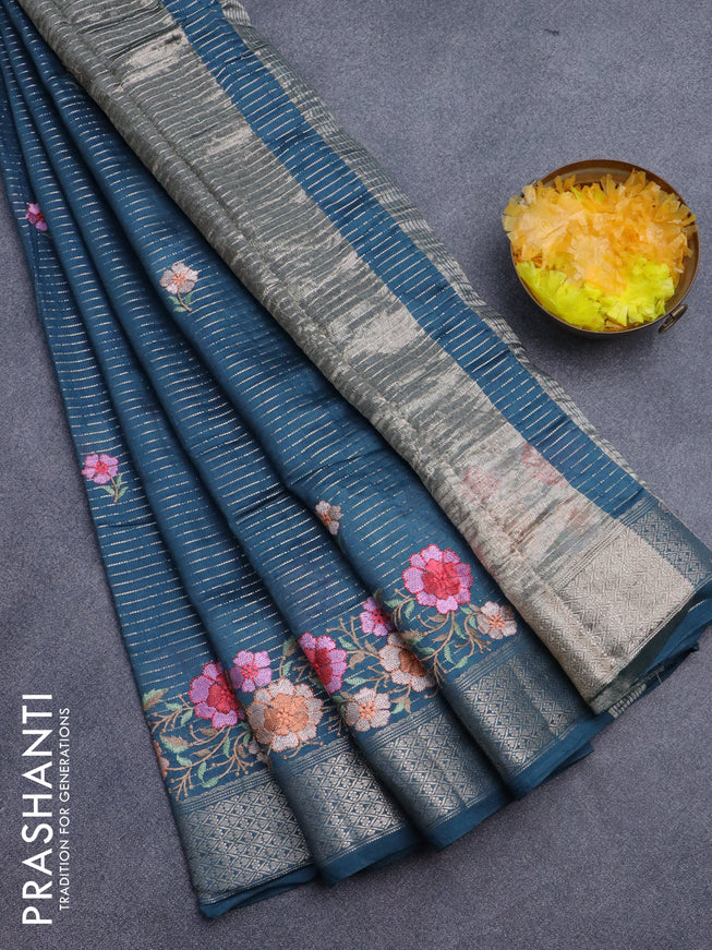 Assam silk saree peacock blue with allover zari weaves & embroidery work buttas and zari woven border