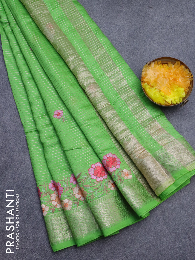 Assam silk saree light green with allover zari weaves & embroidery work buttas and zari woven border