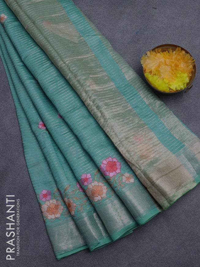 Assam silk saree teal blue with allover zari weaves & embroidery work buttas and zari woven border