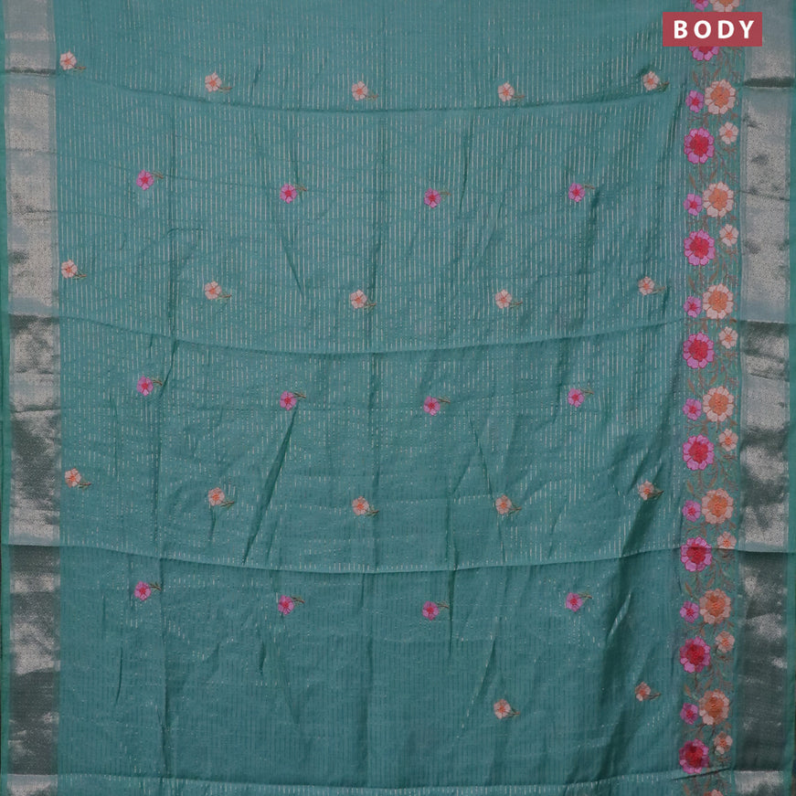 Assam silk saree teal blue with allover zari weaves & embroidery work buttas and zari woven border