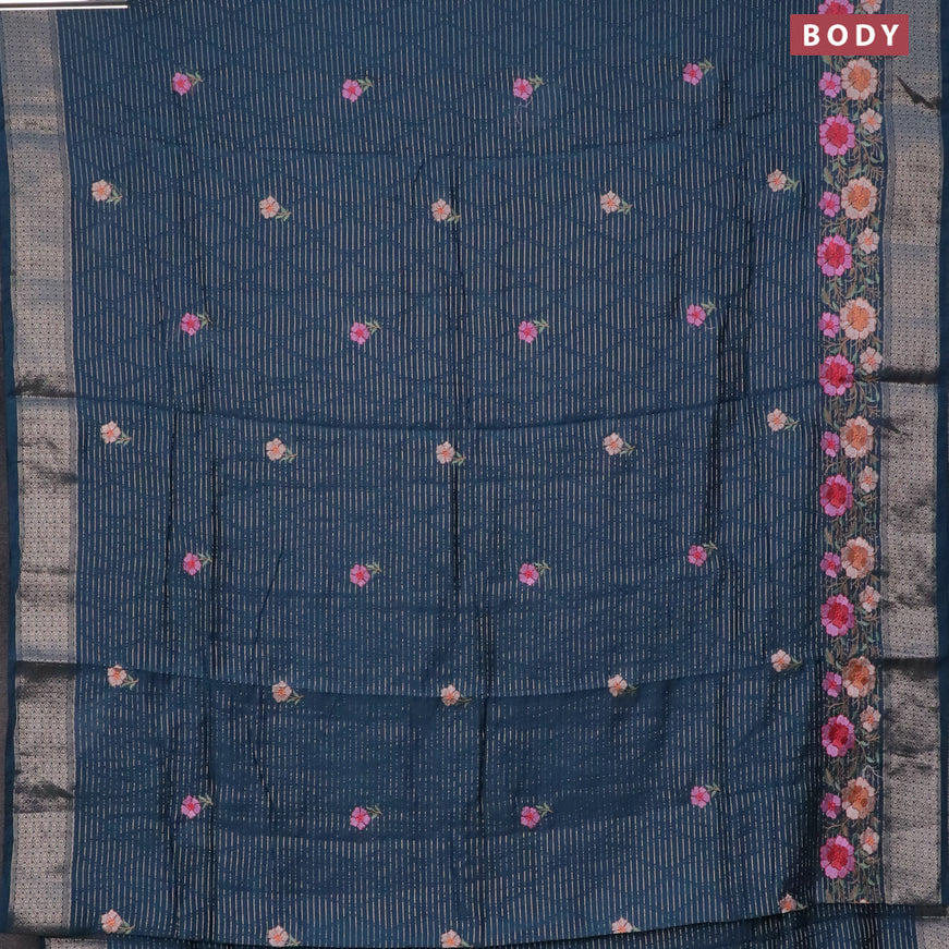 Assam silk saree peacock blue with allover zari weaves & embroidery work buttas and zari woven border