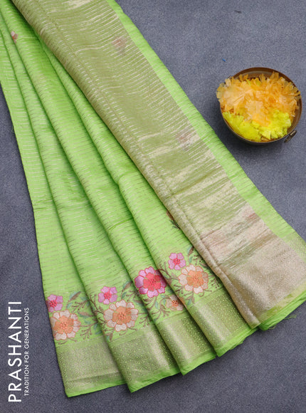 Assam silk saree fluorescent green with allover zari weaves & embroidery work buttas and zari woven border