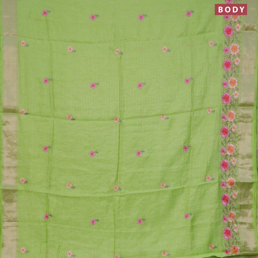 Assam silk saree fluorescent green with allover zari weaves & embroidery work buttas and zari woven border