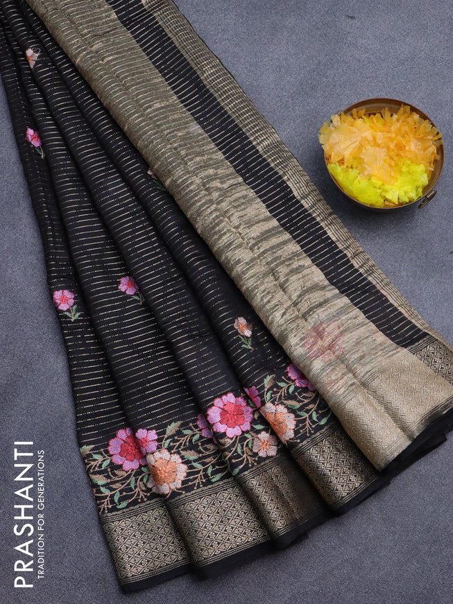 Assam silk saree black with allover zari weaves & embroidery work buttas and zari woven border