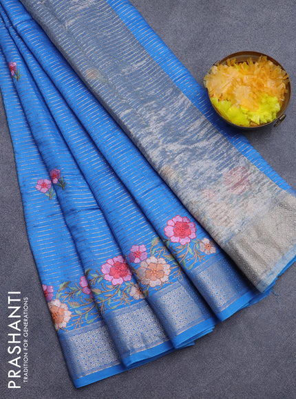 Assam silk saree cs blue with allover zari weaves & embroidery work buttas and zari woven border