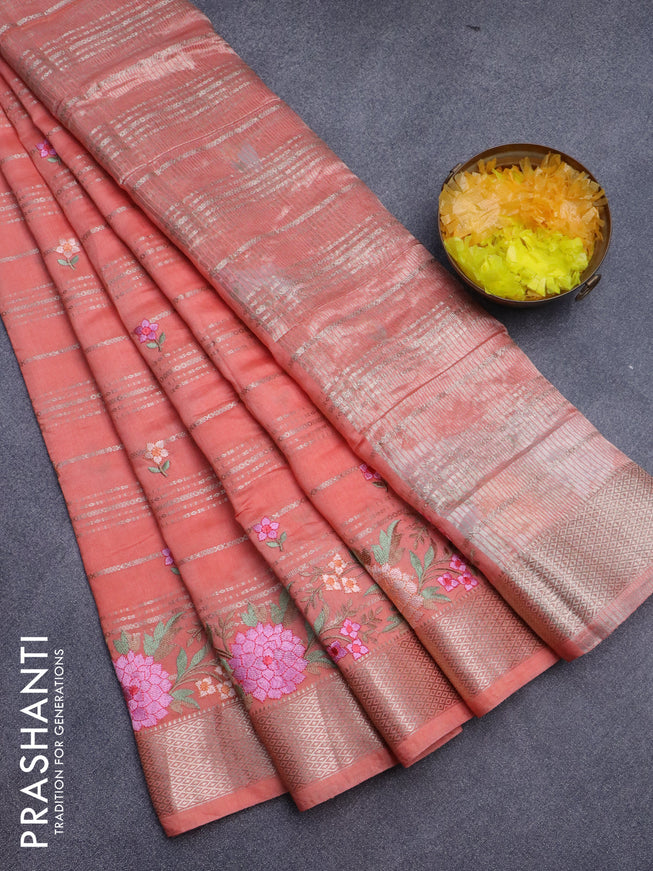 Assam silk saree peach orange with allover zari weaves & embroidery work buttas and floral design embroidery work zari border