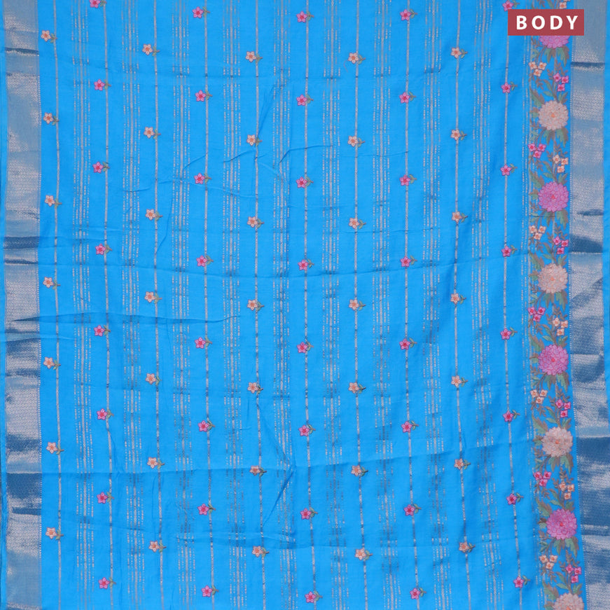 Assam silk saree blue with allover zari weaves & embroidery work buttas and floral design embroidery work zari border