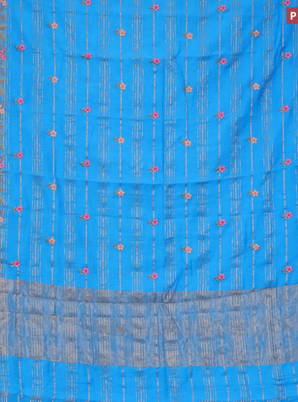 Assam silk saree blue with allover zari weaves & embroidery work buttas and floral design embroidery work zari border