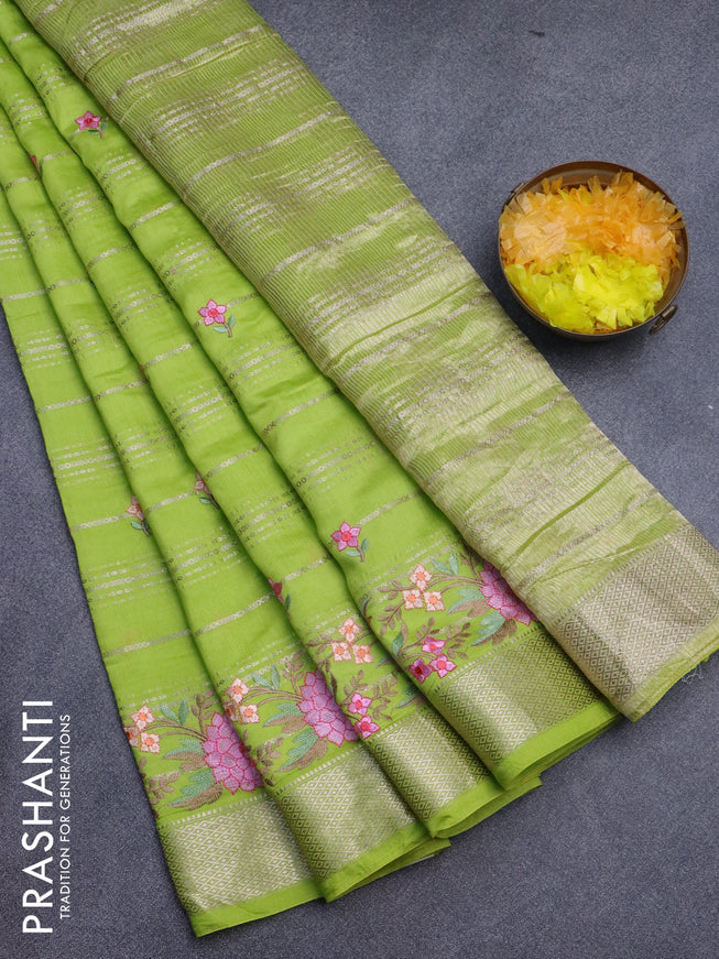 Assam silk saree light green with allover zari weaves & embroidery work buttas and floral design embroidery work zari border